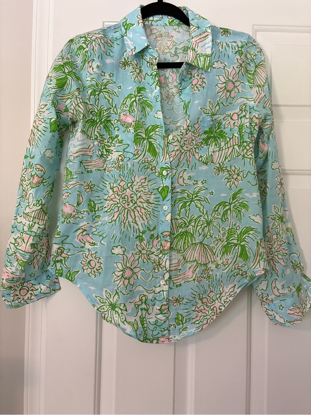 Lilly Pulitzer sea view Linen Shirt in Light Blue, Green & Pink NWT XXS